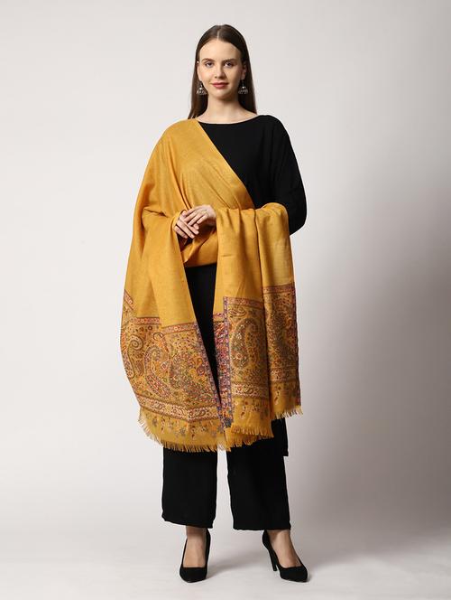 yellow woolen self designed shawl - 20450730 - Very Small Image - 1