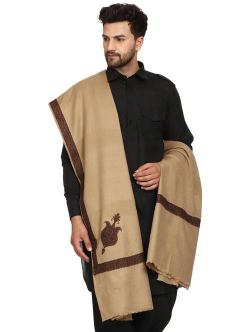 tan wool embroidered border shawl - 20450919 - Very Small Image - 1