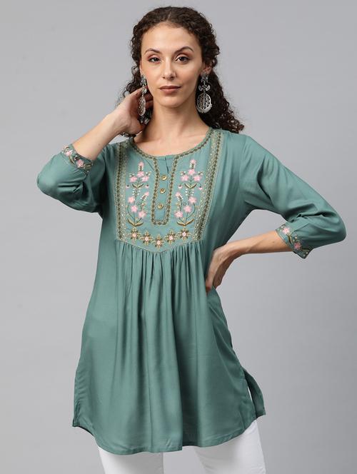 teal three quarter sleeve a-line kurti - 20451465 - Very Small Image - 1
