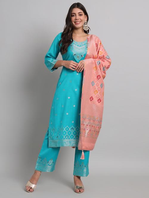 turquoise self design unstitched suit set - 20451512 - Very Small Image - 1