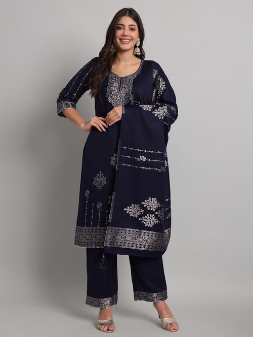 navy blue self design unstitched suit set - 20451522 - Very Small Image - 1