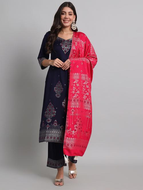 navy blue foil print unstitched suit set - 20451536 - Very Small Image - 1
