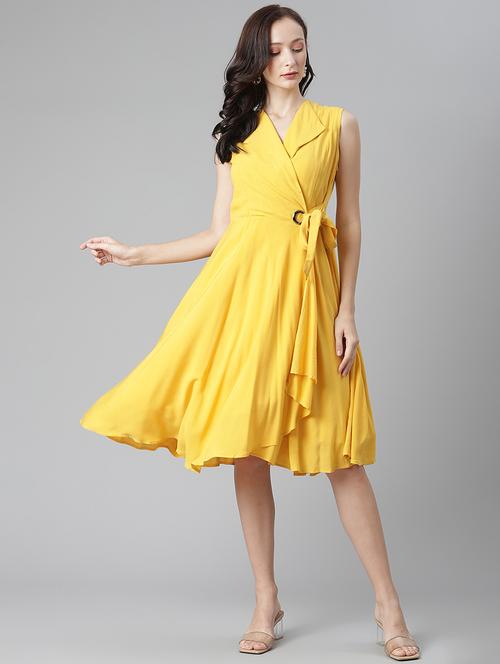 yellow solid sleevless wrapn dress - 20455332 - Very Small Image - 1