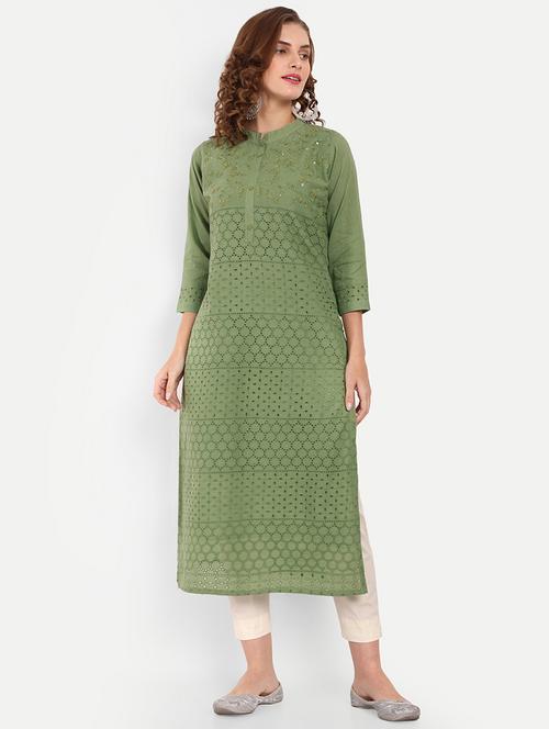 green cotton straight kurta - 20456492 - Very Small Image - 1