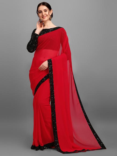 red sequin detail bordered saree with blouse - 20456785 - Very Small Image - 1