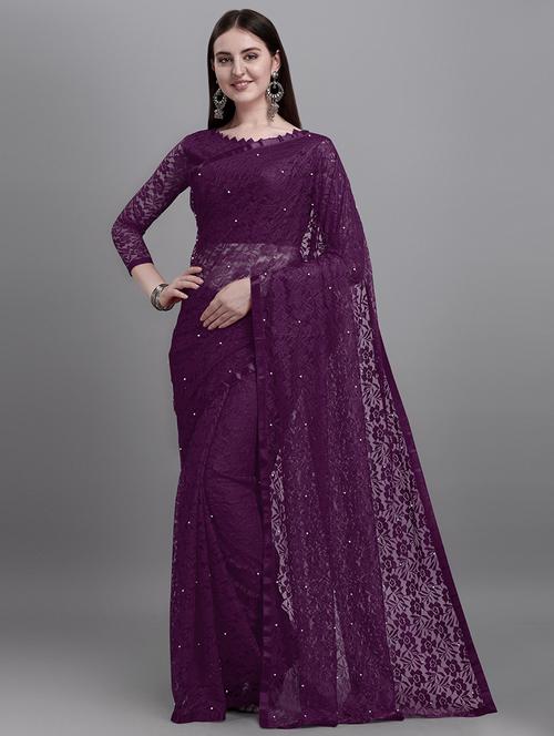 solid net saree with blouse - 20456943 - Very Small Image - 1