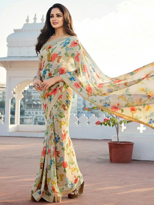 off-white floral printed saree with blouse - 20457238 - Very Small Image - 1