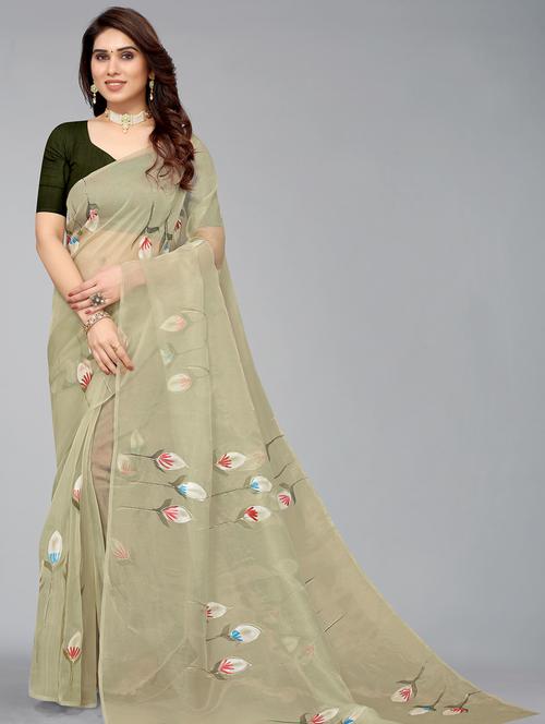 hand painted solid saree with blouse - 20457257 - Very Small Image - 1