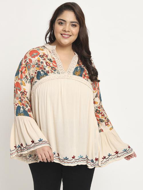 beige floral print plus size tunic - 20458031 - Very Small Image - 1