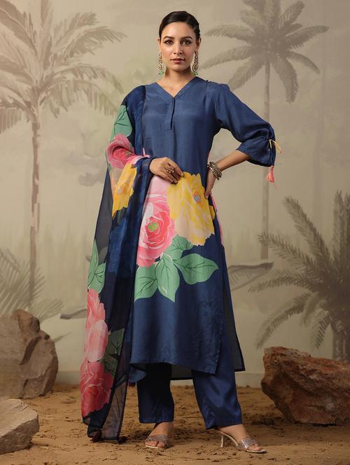navy blue three quarter sleeve suit set set - 20458190 - Very Small Image - 1