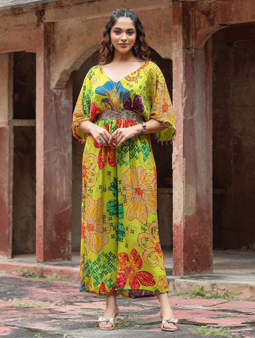 lime green chinon silk floral print jumpsuit - 20458212 - Very Small Image - 1