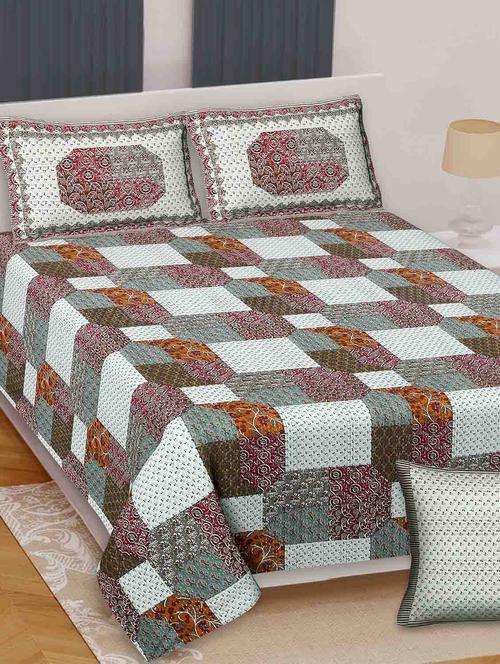 texstylers cotton multicolor jaipuri ajrak print 90 x 108 inches queen size bedsheet with 2 pillow covers - 20458270 - Very Small Image - 1