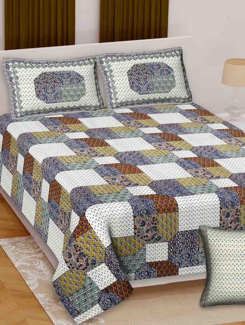 texstylers cotton multicolor jaipuri ajrak print 90 x 108 inches queen size bedsheet with 2 pillow covers - 20458271 - Very Small Image - 1