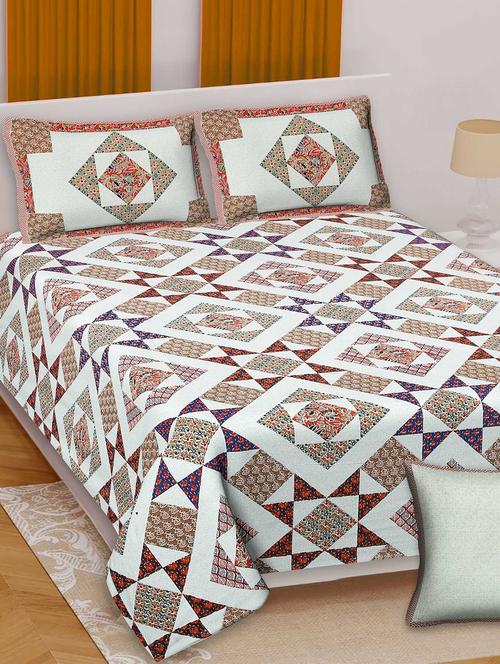 texstylers cotton multicolor jaipuri ajrak print 90 x 108 inches queen size bedsheet with 2 pillow covers - 20458274 - Very Small Image - 1