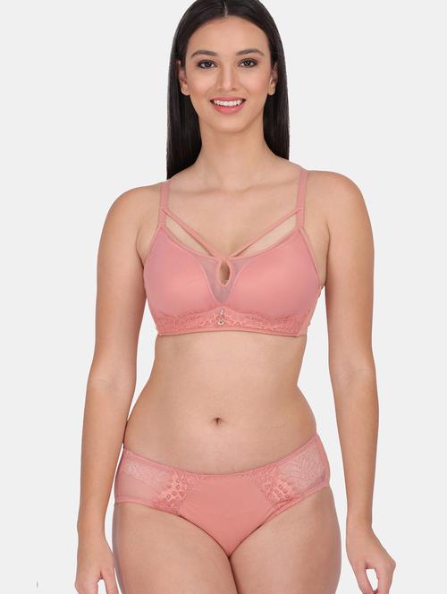 peach lace detailed bra and panty set - 20459672 - Very Small Image - 1