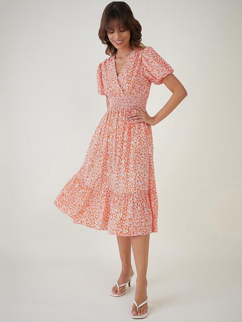 orange floral print puff sleeves fit & flare dress - 20467448 - Very Small Image - 1