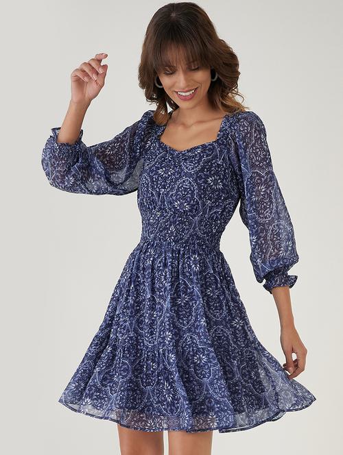 navy blue printed fit & flare dress - 20467450 - Very Small Image - 1
