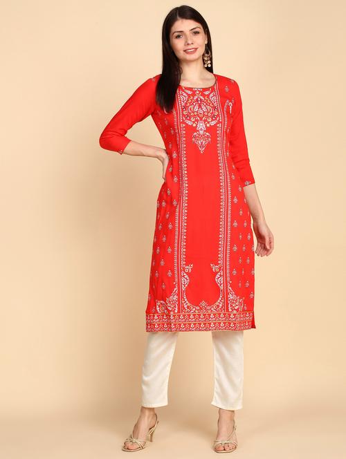 women red round neck straight kurta - 20467859 - Very Small Image - 1