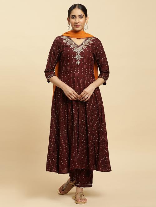 women brown v neck kurta pant set with dupatta - 20468235 - Very Small Image - 1