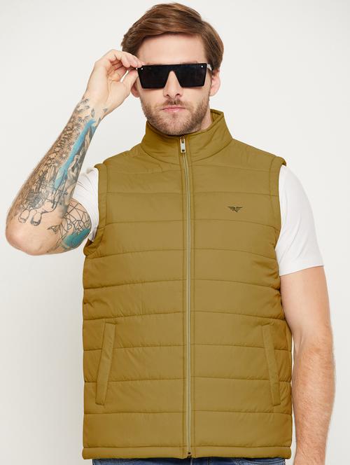 men solid khaki polyester sleeveless casual jacket - 20468316 - Very Small Image - 1