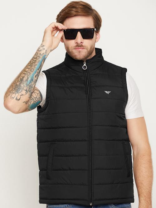 men solid black polyester sleeveless casual jacket - 20468317 - Very Small Image - 1