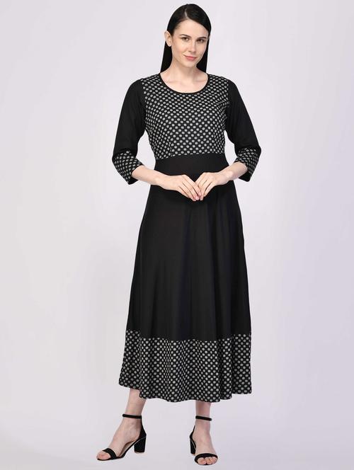 women round neck block printed flared ethnic dress - 20468811 - Very Small Image - 1