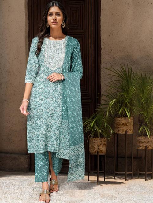 teal three quarter sleeve suit set - 20468908 - Very Small Image - 1