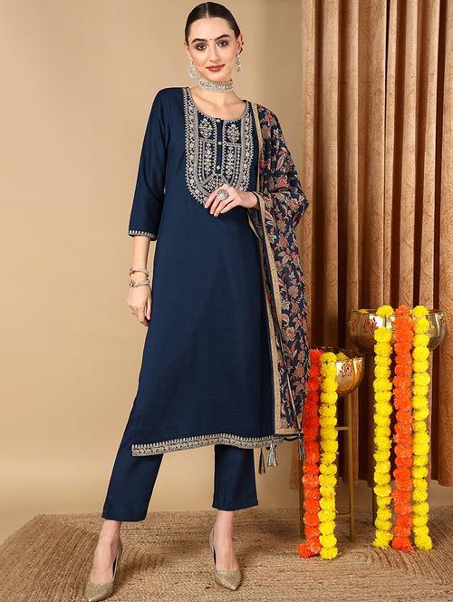navy blue three quarter sleeve suit set - 20469019 - Very Small Image - 1