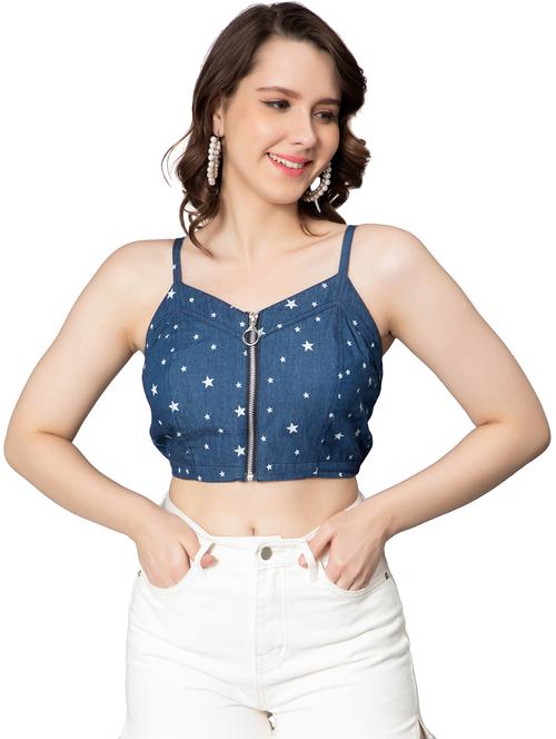blue printed denim crop top - 20469185 - Very Small Image - 1