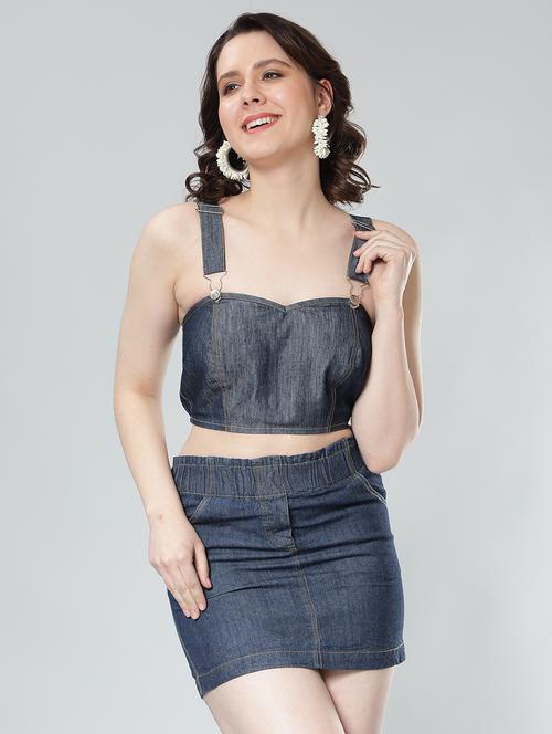 navy blue solid denim crop top - 20469192 - Very Small Image - 1