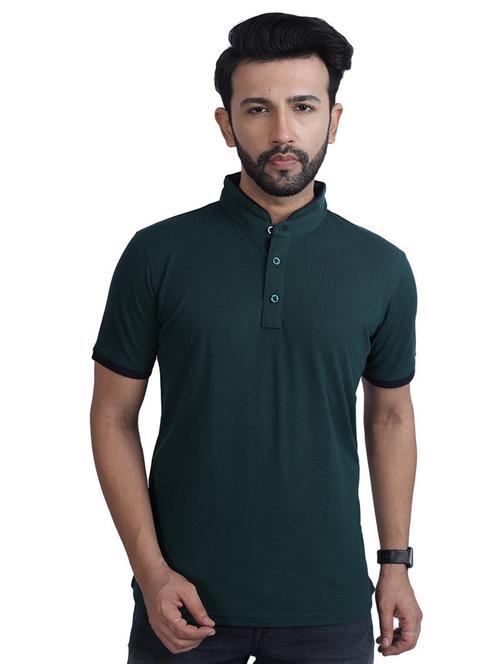bottle green solid mandarin neck regular t-shirt - 20469425 - Very Small Image - 1