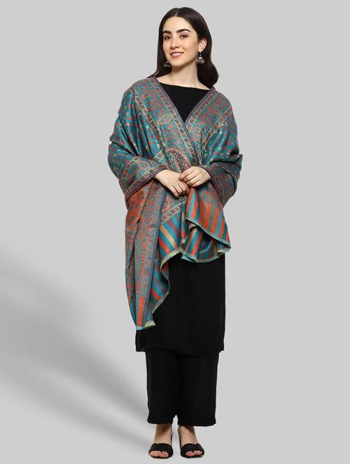 teal wool self design shawl - 20470168 - Very Small Image - 1