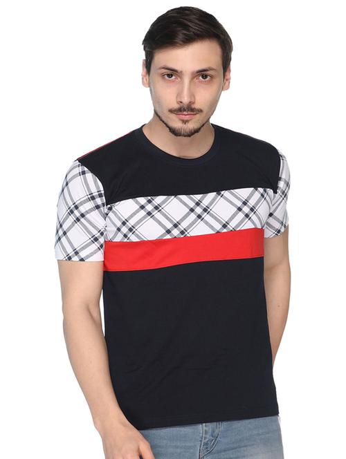 men color block black checkered cotton blend t-shirt - 20471386 - Very Small Image - 1