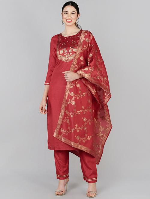 red three quarter sleeve suit set - 20473337 - Very Small Image - 1