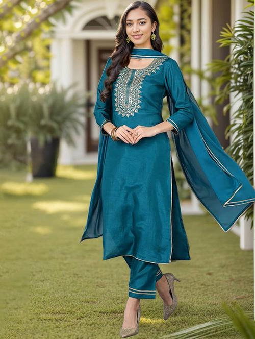 teal three quarter sleeve suit set - 20473342 - Very Small Image - 1