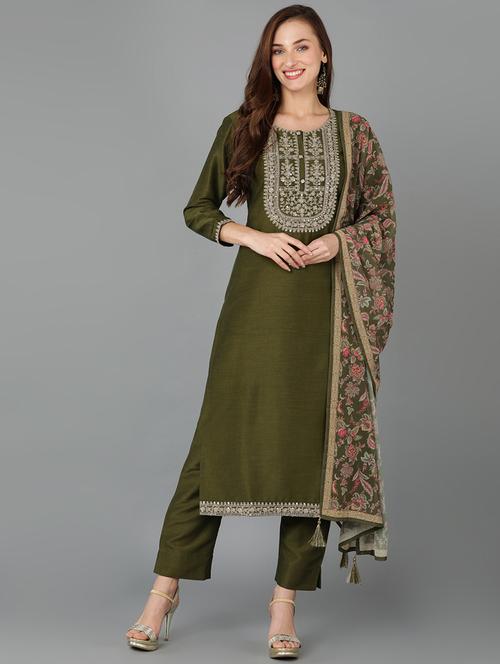 olive three quarter sleeve suit set - 20473363 - Very Small Image - 1