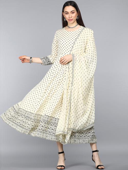 off white three quarter sleeve kurta dupatta set - 20473367 - Very Small Image - 1
