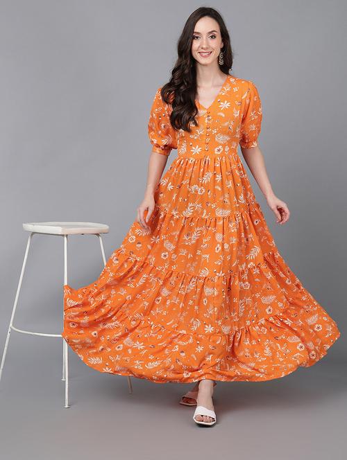 orange floral print maxi dress - 20473374 - Very Small Image - 1