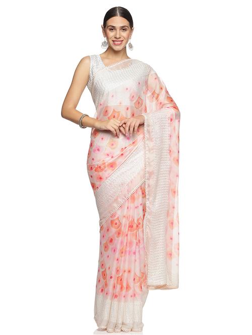 women's printed white colored saree with blouse - 20473387 - Very Small Image - 1