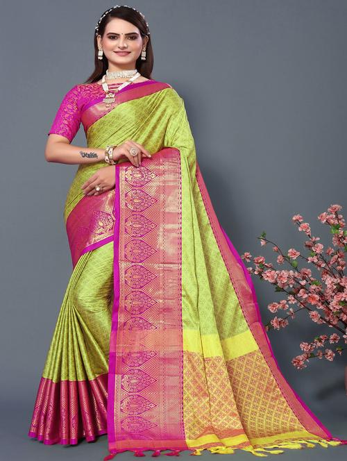 women's self design lime colored saree with blouse - 20473893 - Very Small Image - 1