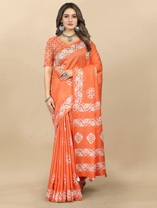 women's batik orange colored saree - 20474091 - Very Small Image - 1