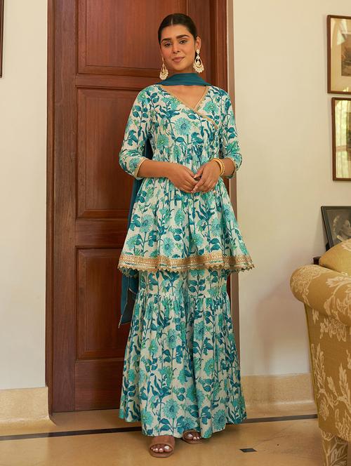 women white & blue overlap neck kurta sharara set with dupatta - 20474369 - Very Small Image - 1
