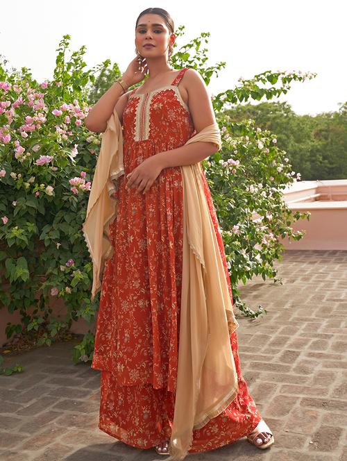 orange floral printed suit set - 20474386 - Very Small Image - 1