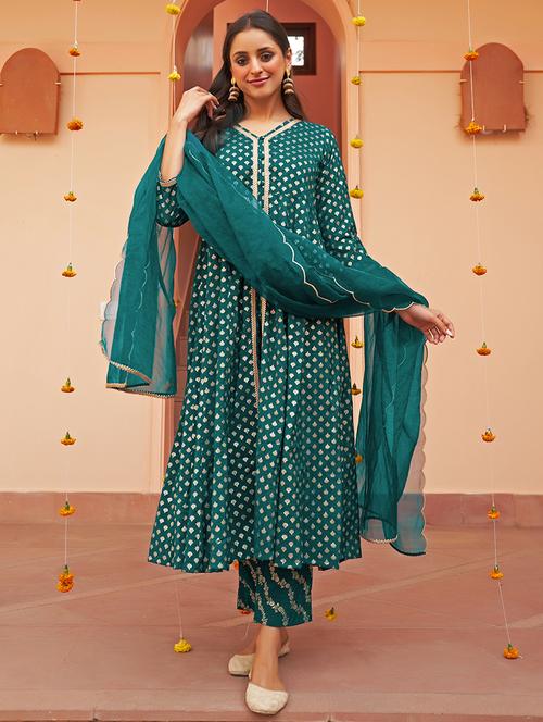 teal self design suit set - 20474389 - Very Small Image - 1