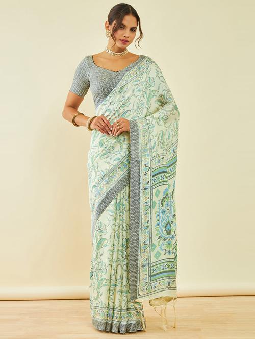 women's paisley cream colored saree with blouse - 20474972 - Very Small Image - 1