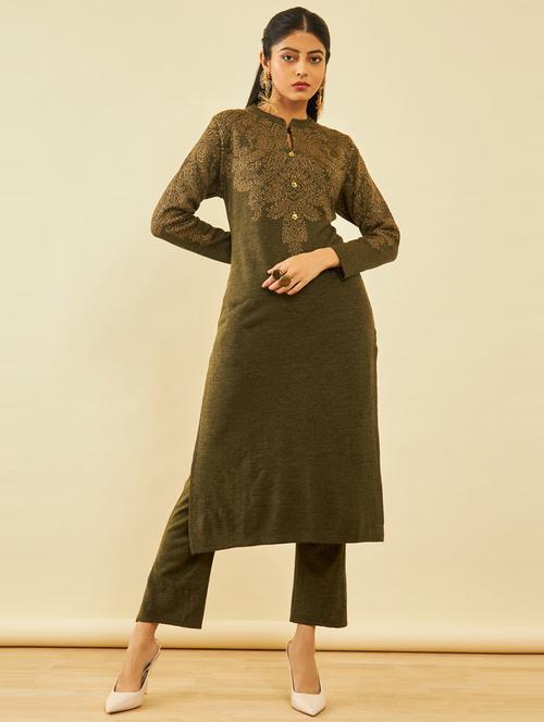 olive wool kurta pant set - 20475770 - Very Small Image - 1