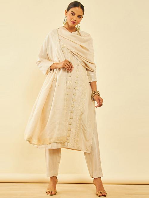 soch womens beige tussar silk embroidered suit set with sequins - 20475789 - Very Small Image - 1
