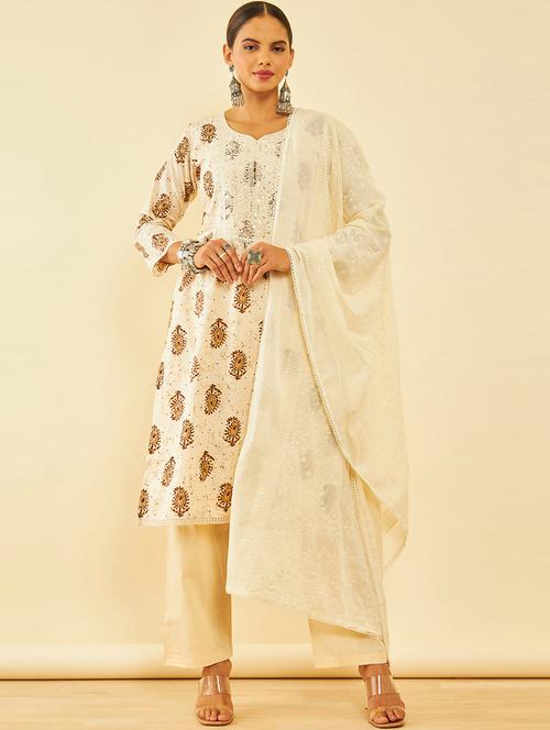 cream paisley print unstitched suit set - 20475881 - Very Small Image - 1