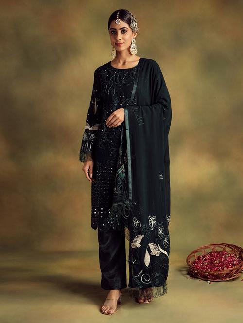 dark green embroidered unstitched suit set - 20478096 - Very Small Image - 1