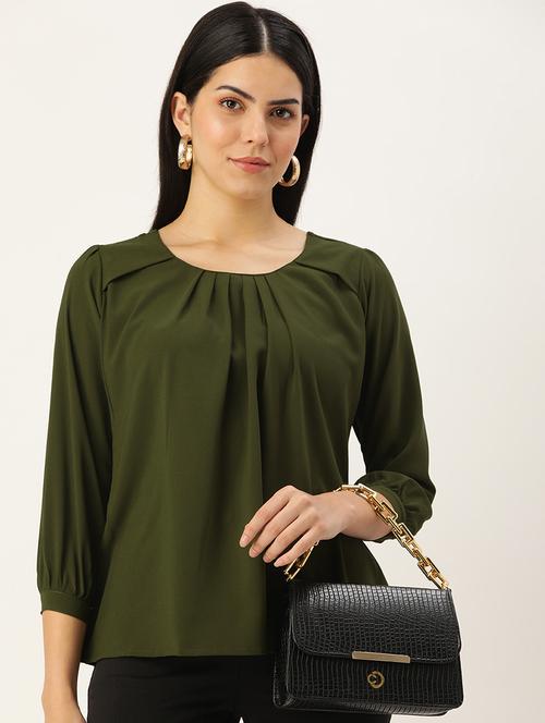 olive solid round neck regular top - 20478180 - Very Small Image - 1